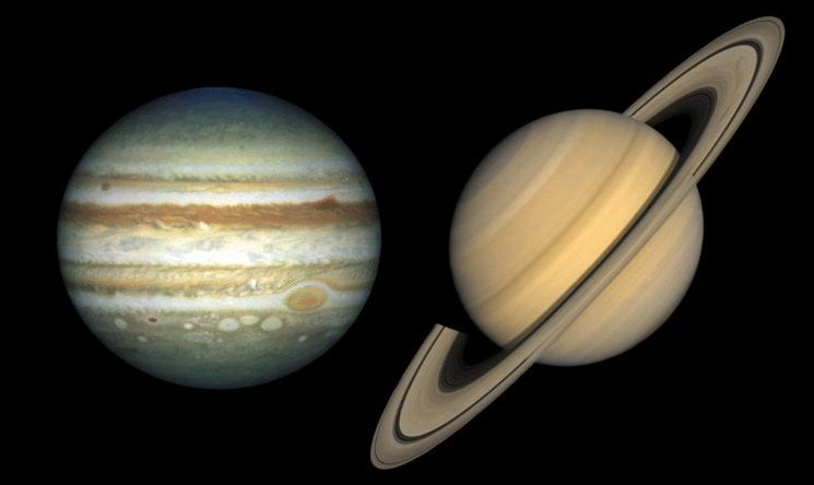 Tamaños relativos de Júpiter y Saturno.